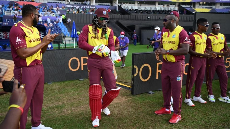 Chirs Gayle walks out to bat against Australia