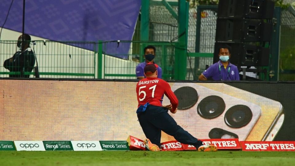 Jonny Bairstow's knee touches the rope before he can flick it back in