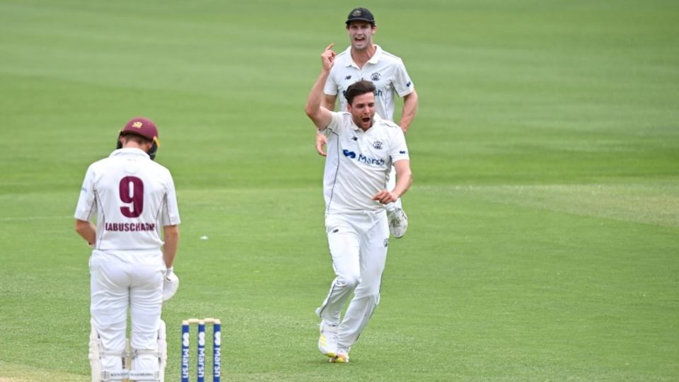 Jhye Richardson celebrates the wicket of Marnus Labuschagne