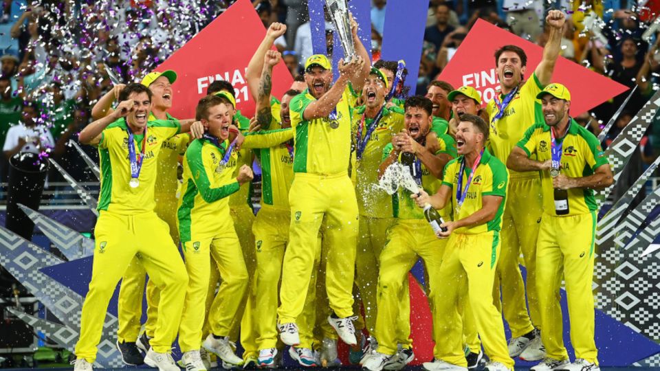 The Australian team goes up in celebration