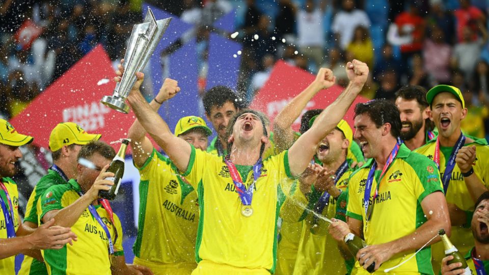 Mitch Marsh is given a celebratory dowsing by the Australian team