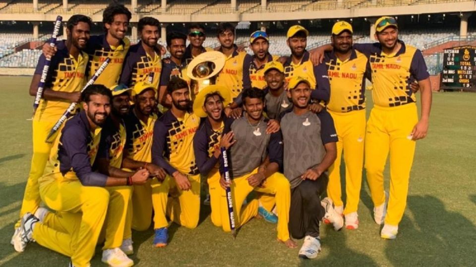 Tamil Nadu's players celebrate with the Syed Mushtaq Ali Trophy