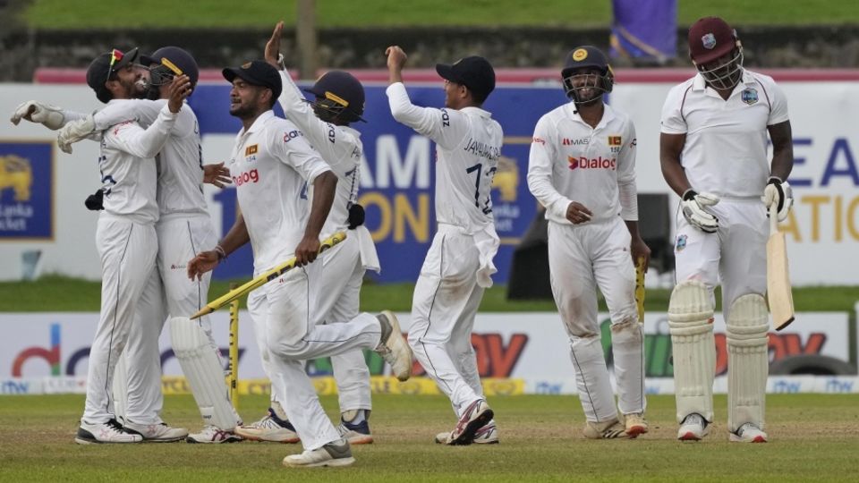 Sri Lanka players celebrate after getting the last West Indies wicket