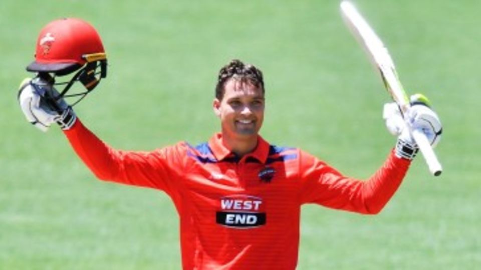 Alex Carey celebrates a 90-ball century
