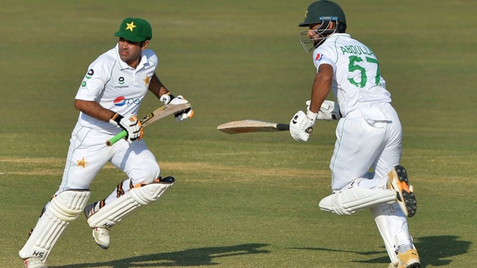Abid Ali and Abdullah Shafique run between the wickets