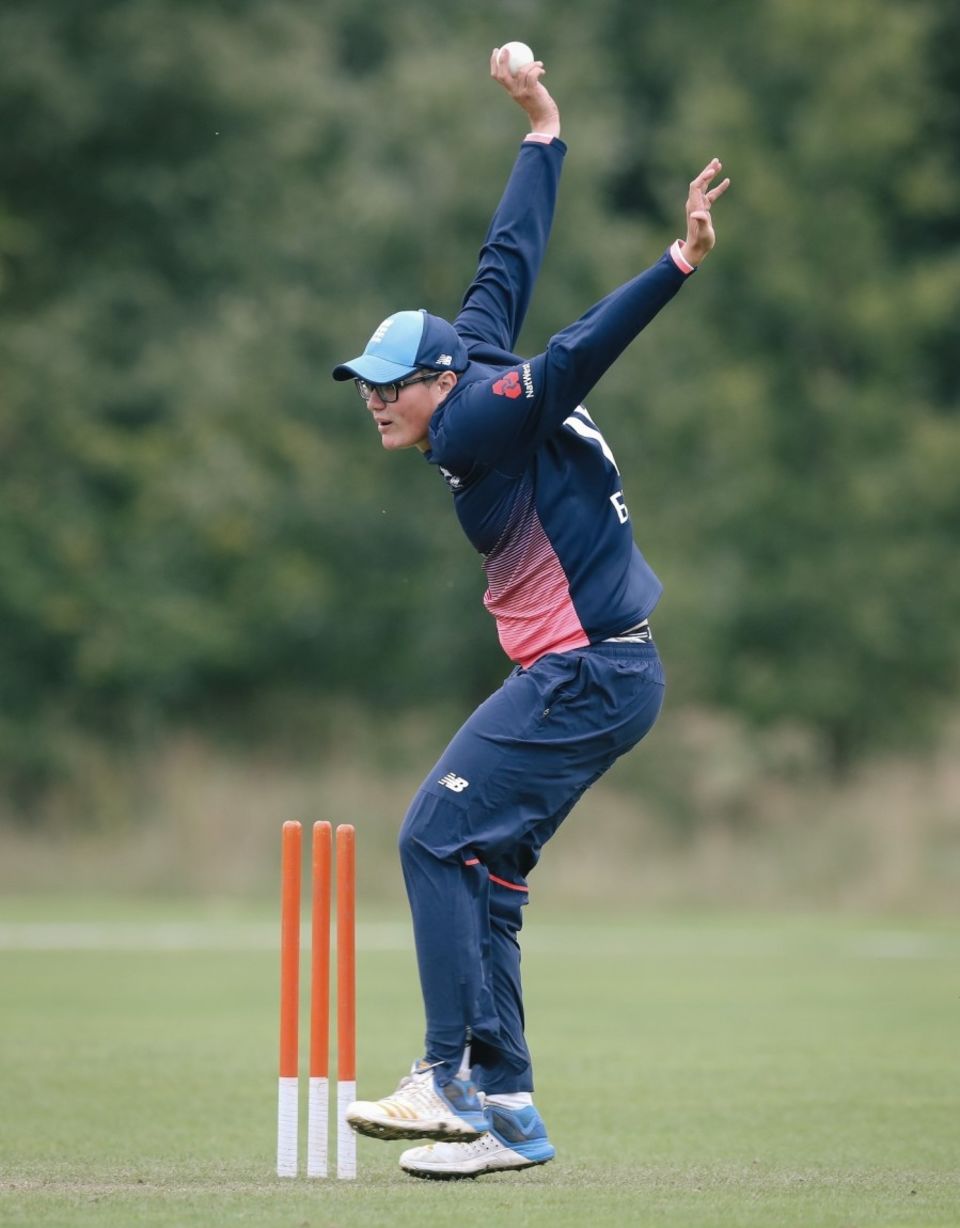 England vice-captain Justin Hollingsworth bowls with a plastic ball filled with ball bearings