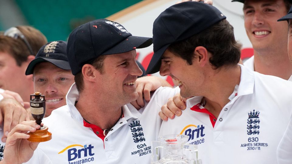 Andrew Strauss and Alastair Cook celebrate England's series win in 2010-11