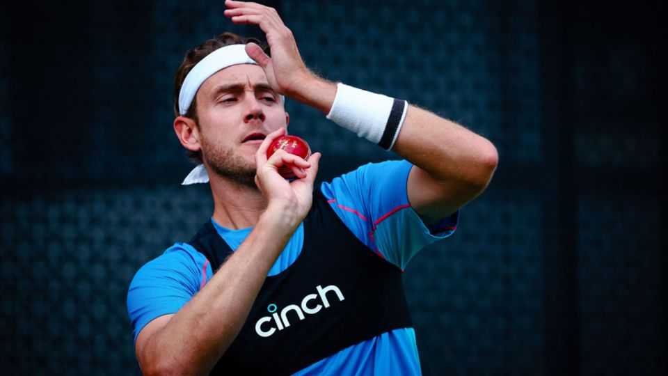 Stuart Broad loads up during net practice