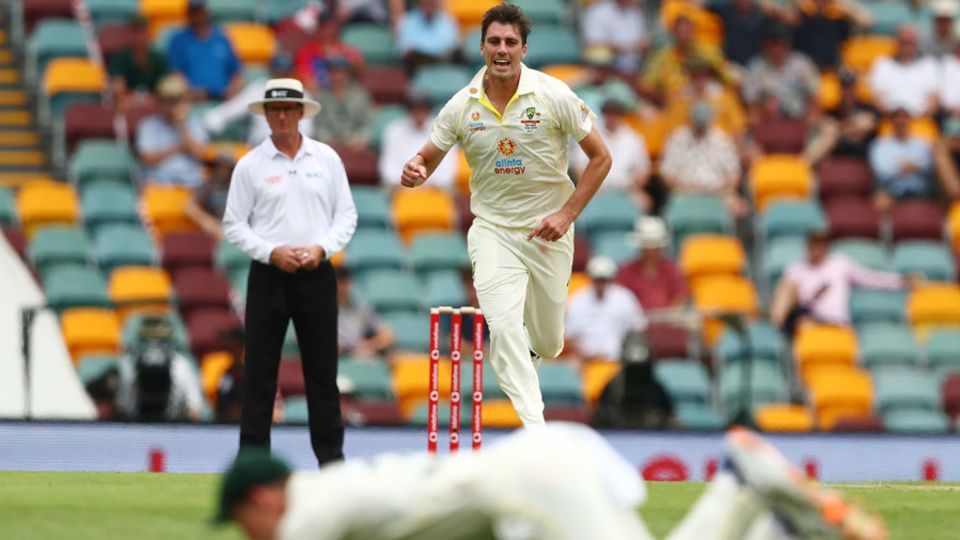 Marnus Labuschagne takes the catch as Ben Stokes becomes the first Test victim for Pat Cummins the captain