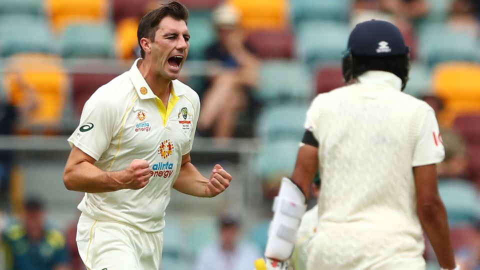 Pat Cummins celebrates the wicket of Haseeb Hameed