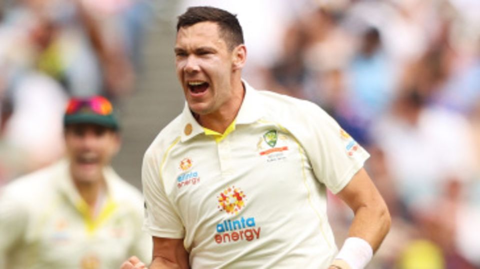 Scott Boland celebrates his first Test wicket