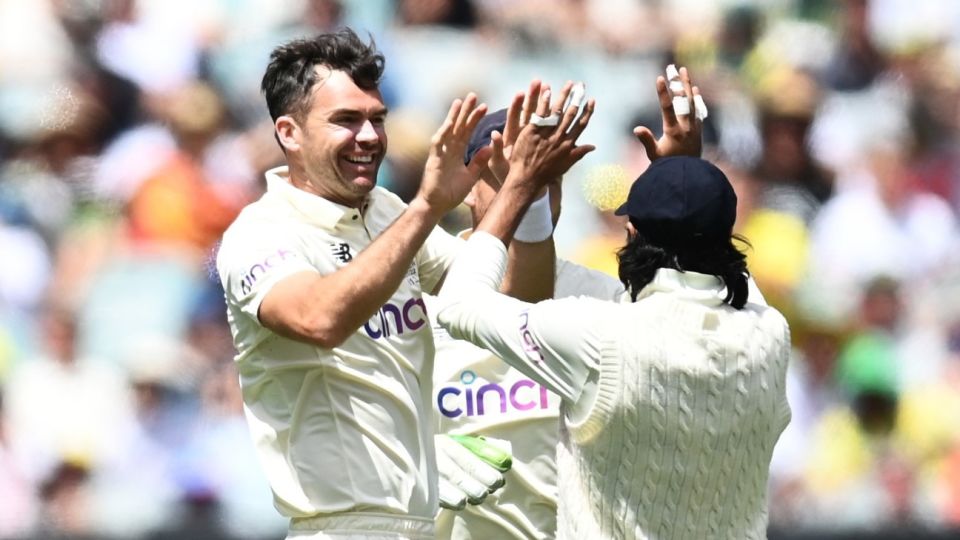 James Anderson celebrates the wicket of Marcus Harris