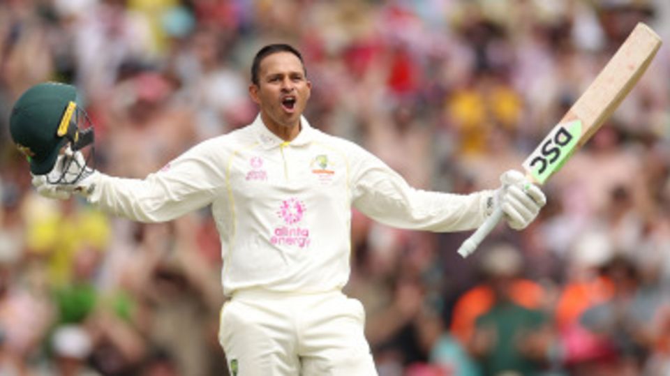 Usman Khawaja celebrates his comeback hundred