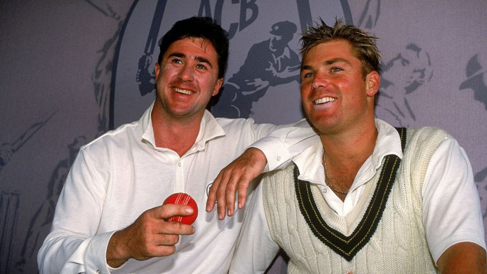 Tim May and Shane Warne after their matchwinning double act against New Zealand in 1993