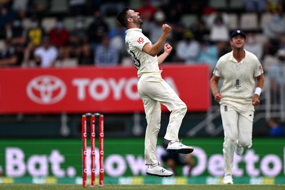Mark Wood jumps for joy after claiming his fifth wicket
