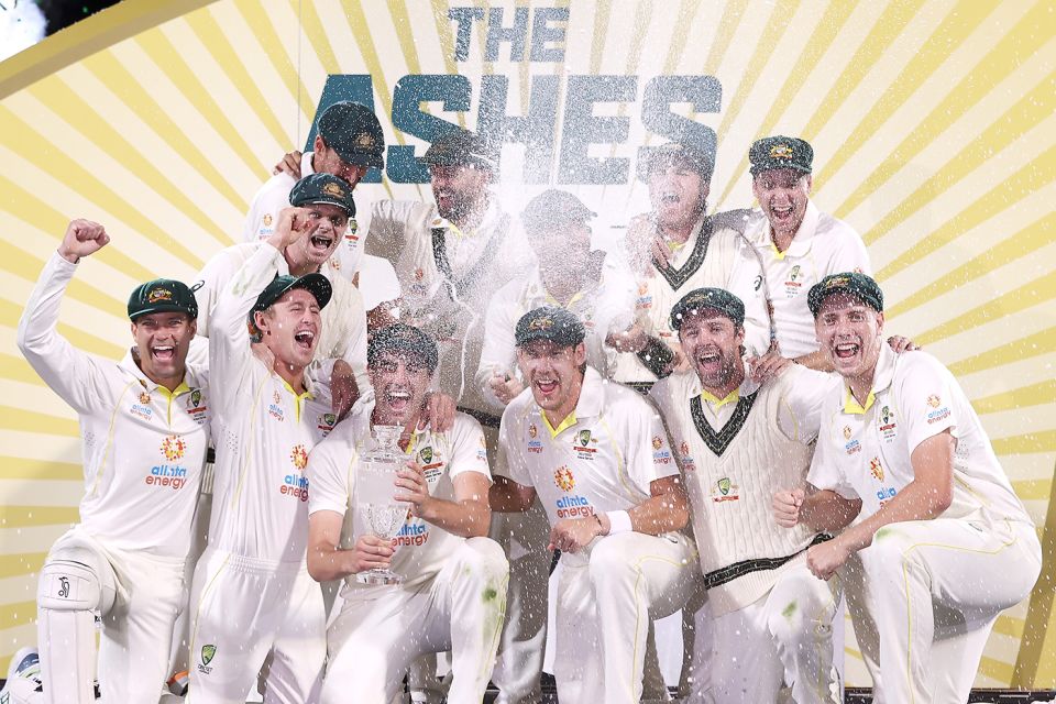 Corks fly as the Australians celebrate a 4-0 Ashes series win