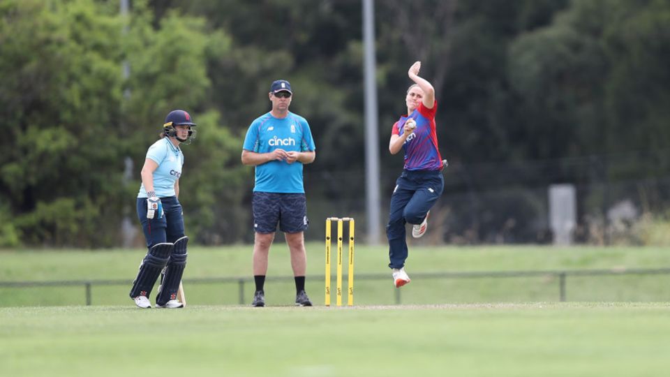 Nat Sciver bowls during a T20 warm-up match against England Women A