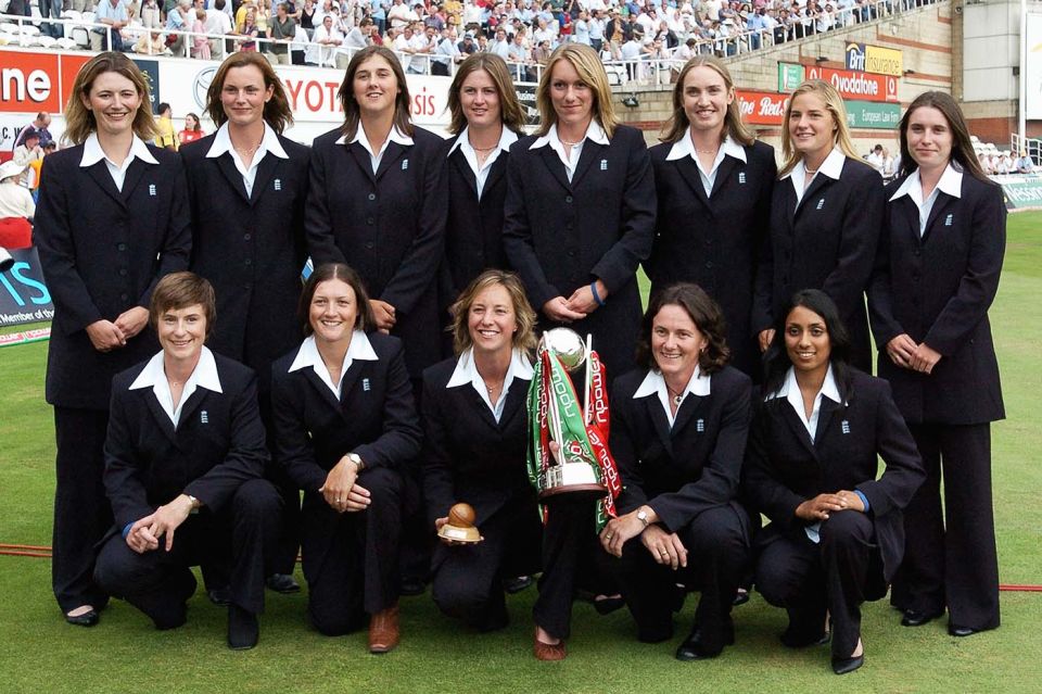 England Women at The Oval with the Ashes trophy