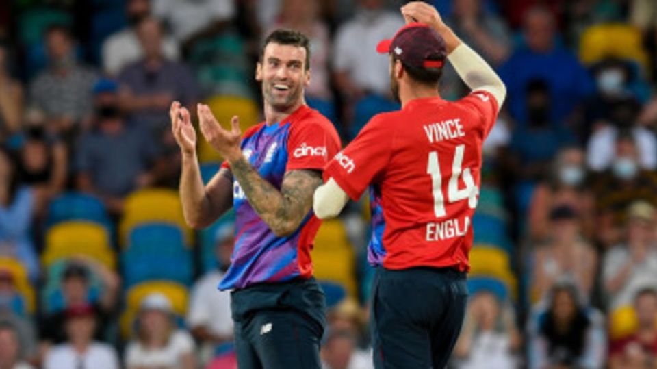 Reece Topley celebrates after running Shai Hope out