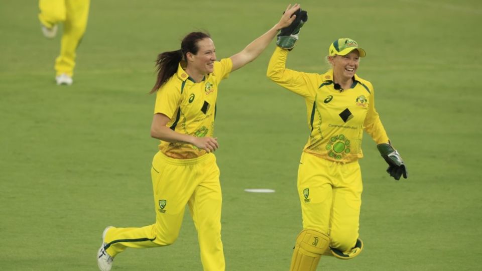 Megan Schutt celebrates her 100th ODI wicket