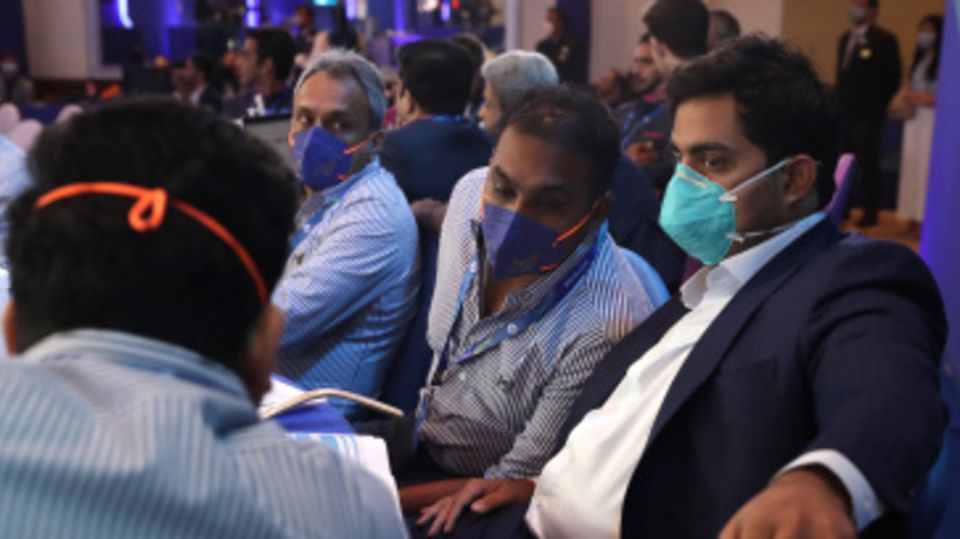 Mahela Jayawardene and Akash Ambani have a chat during the second day of the IPL 2022 auction