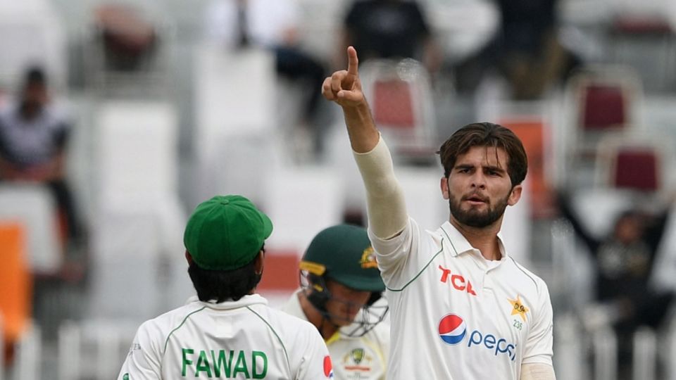 Shaheen Shah Afridi celebrates in trademark fashion after dismissing Marnus Labuschagne