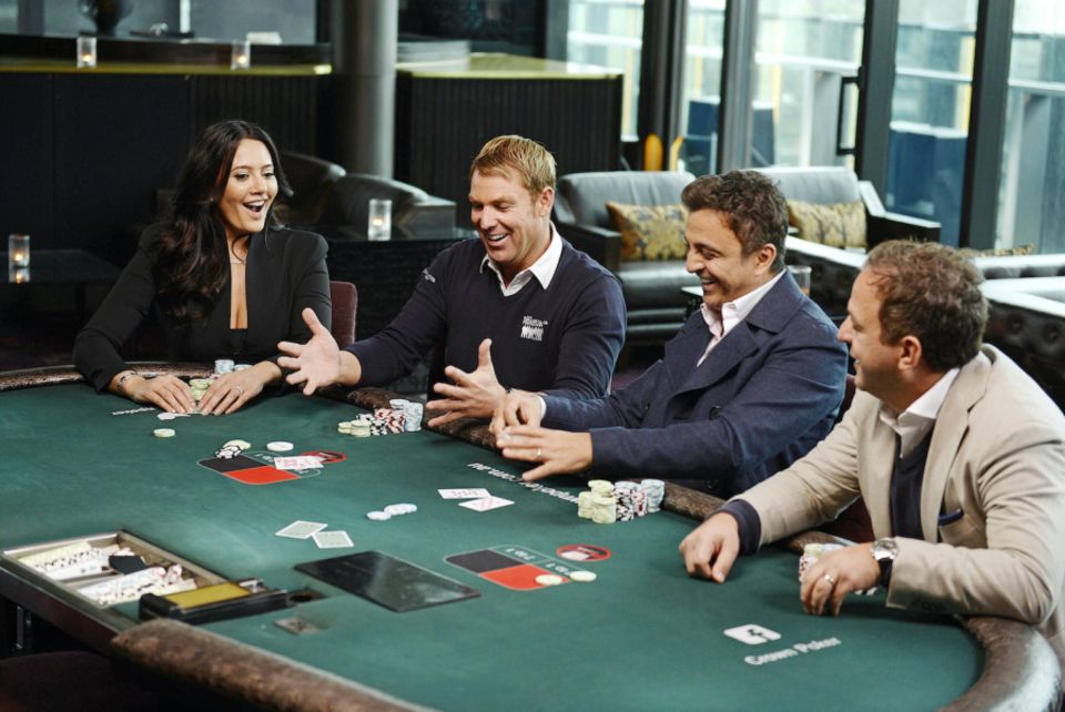 Warne shows off another string to his bow on the sets of The Real Housewives of Melbourne in 2014