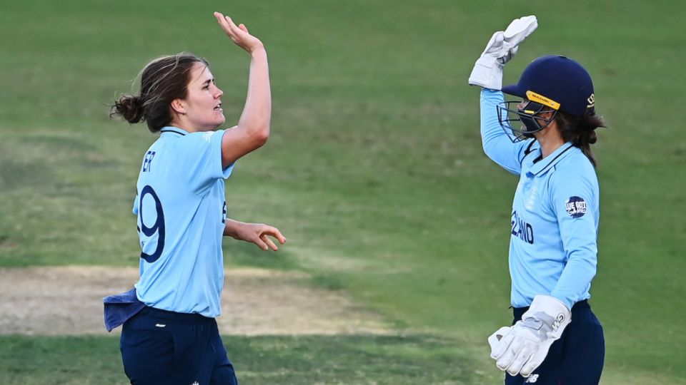 Nat Sciver and Amy Jones celebrate a wicket during England's World Cup campaign