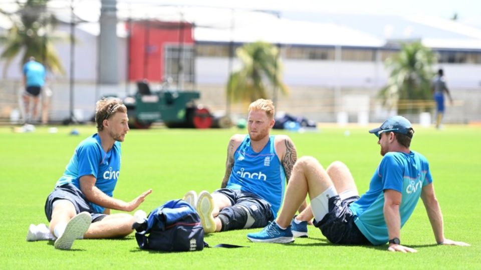 Joe Root, Ben Stokes and Paul Collingwood chat during a nets session in Barbados