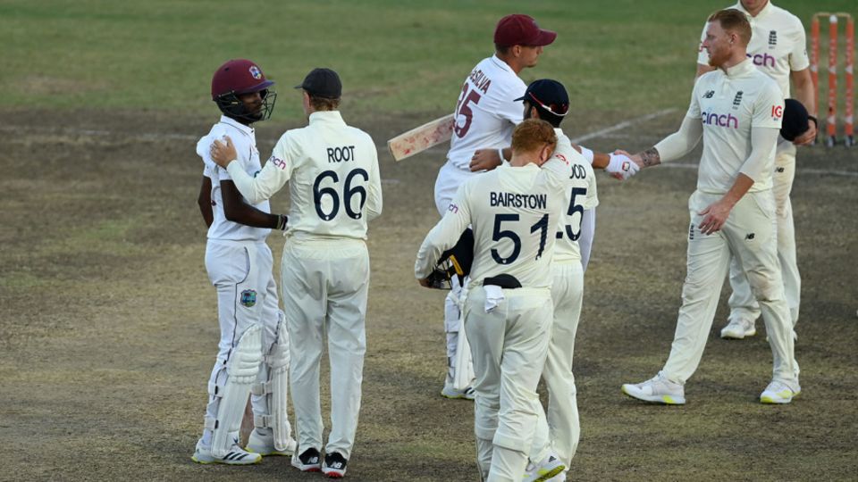 Kraigg Brathwaite and Joe Root shake hands on the draw