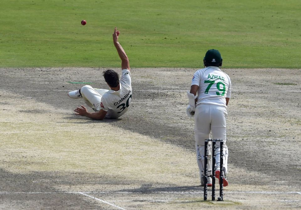 Pat Cummins held a stunning return catch to remove Azhar Ali, and Pakistan's batters fell in a heap afterwards