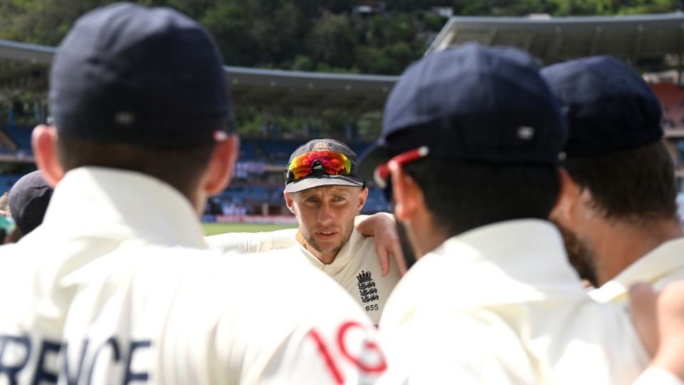 Joe Root speaks to his team in Grenada