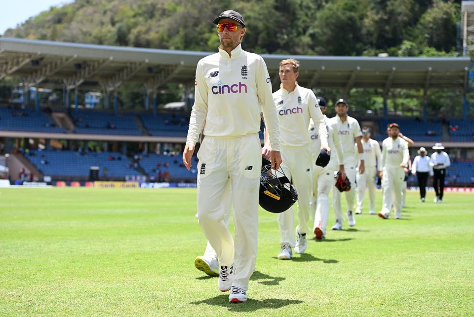 Joe Root leads England off after their defeat in Grenada