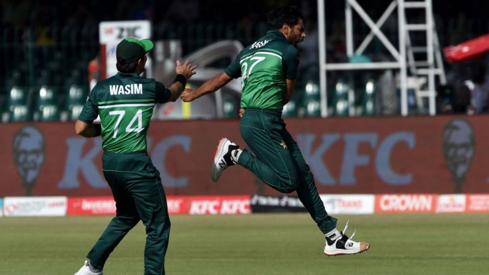 Haris Rauf celebrates after setting up and dismissing Aaron Finch