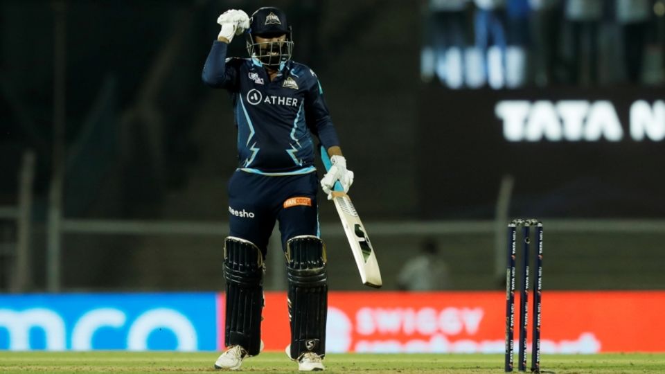 Rahul Tewatia roars after finishing the game with back-to-back sixes