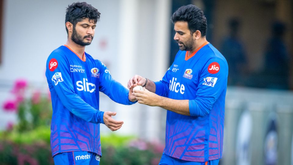 Zaheer Khan helps Arshad Khan during training at the Wankhede