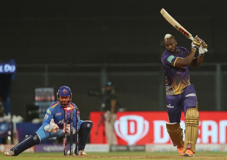 Andre Russell is stumped by Rishabh Pant off Kuldeep Yadav