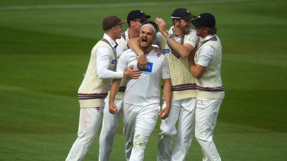 Jack Brooks of Somerset celebrates a wicket