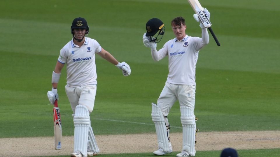 Tom Alsop celebrates his hundred against Middlesex