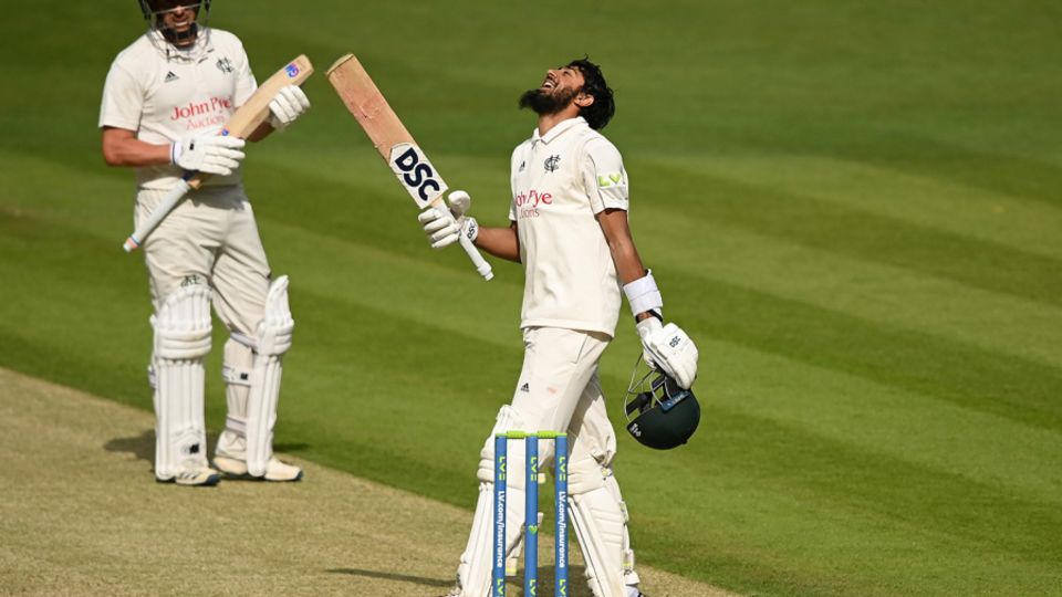 Haseeb Hameed celebrates his first hundred of the season