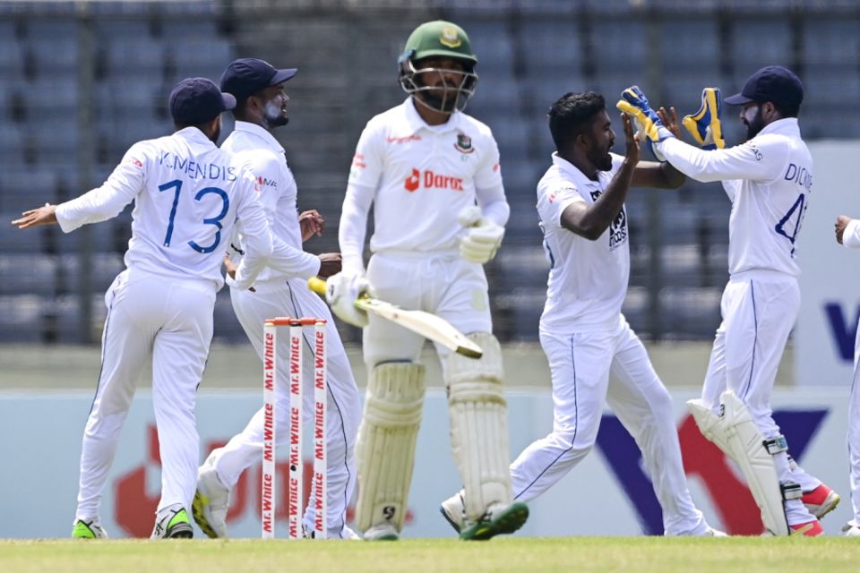 Asitha Fernando celebrates dismissing Mominul Haque
