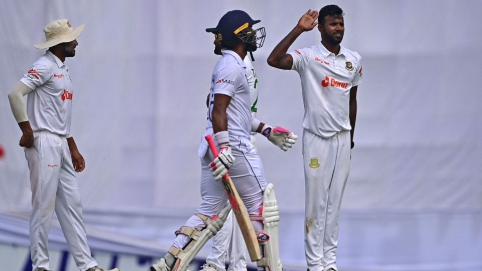 Ebadot Hossain brings out his customary celebration after getting rid of Dinesh Chandimal