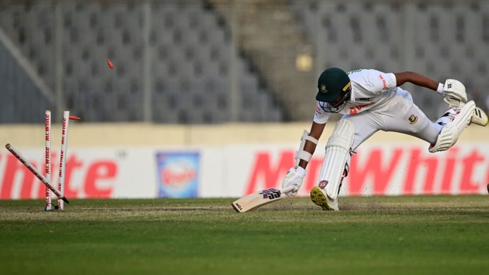 Najmul Hossain Shanto was run out for 2