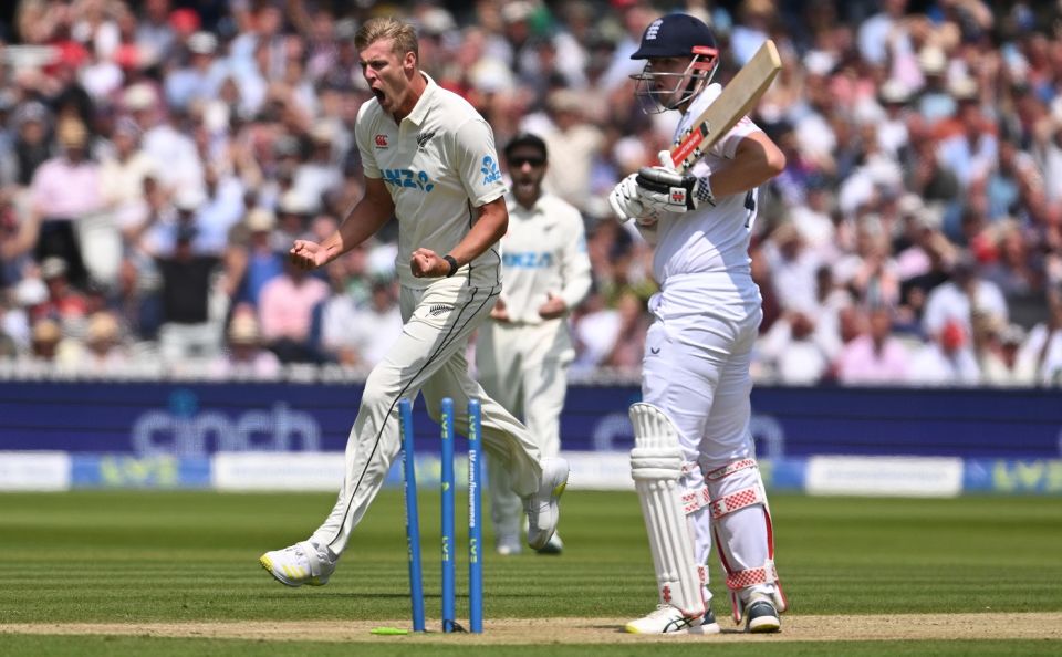 The fatal leave - Alex Lees is bowled by Kyle Jamieson after a misjudgment
