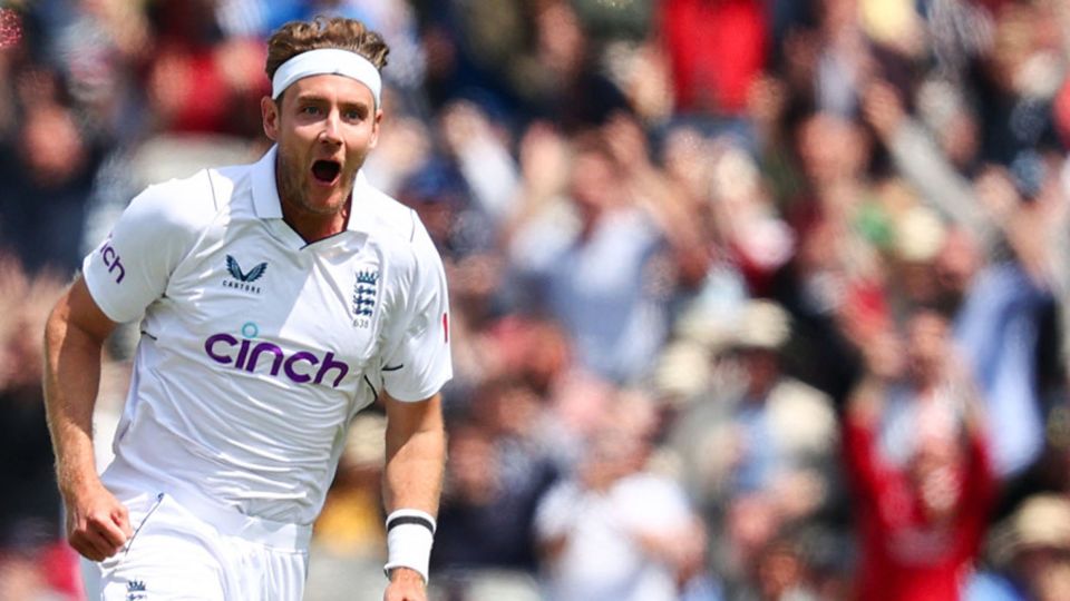 Stuart Broad celebrates the dismissal of Kyle Jamieson at Lord's