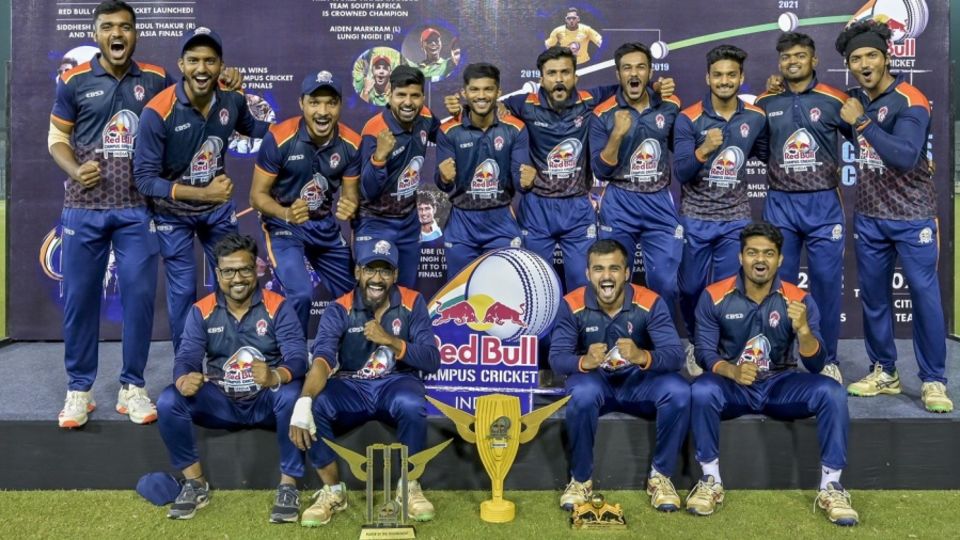 MMCC, Pune, the India national men's Red Bull Campus Cricket champions in 2021, with their spoils