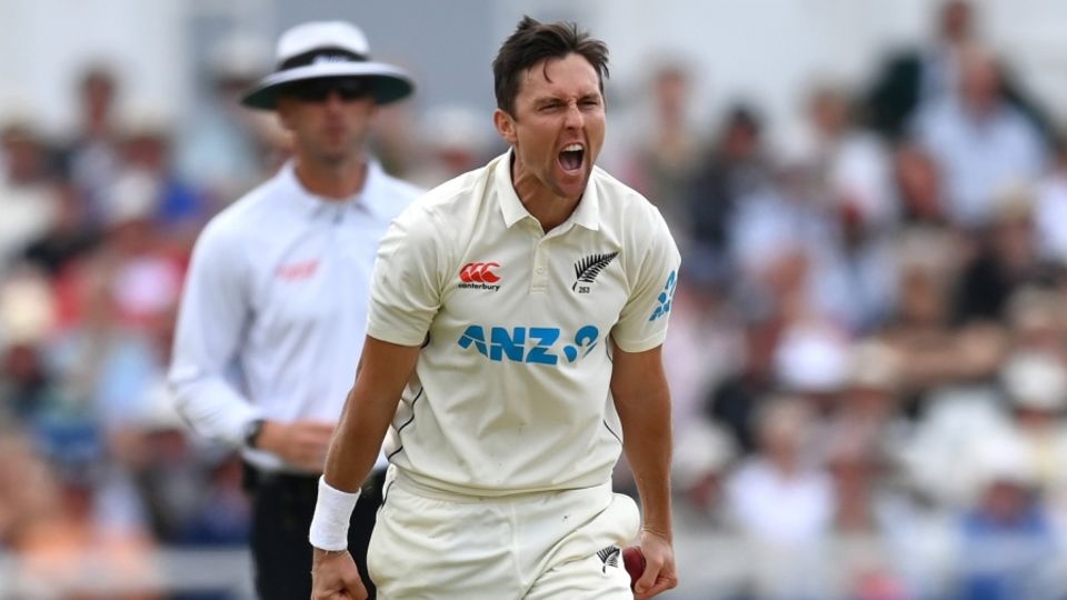 Trent Boult lets it out after dismissing an in-form Joe Root caught and bowled