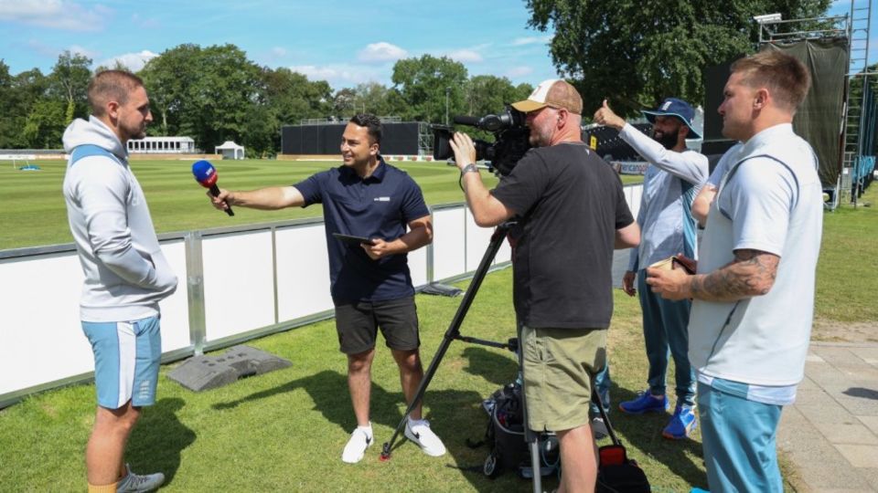 Liam Livingstone speaks to the media while Moeen Ali and Jason Roy look on