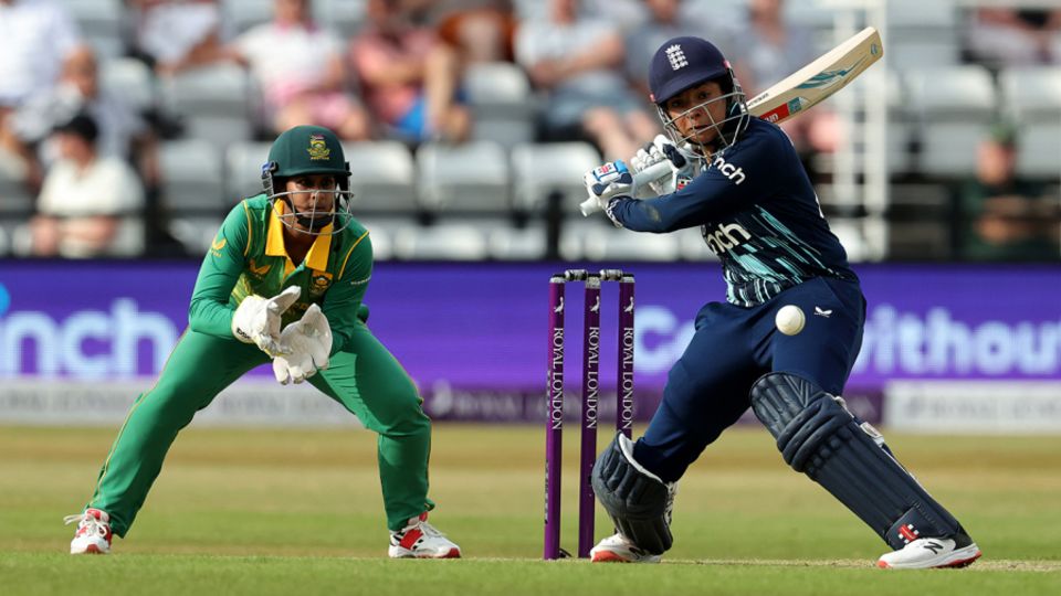 Sophia Dunkley plays the ball to the boundary
