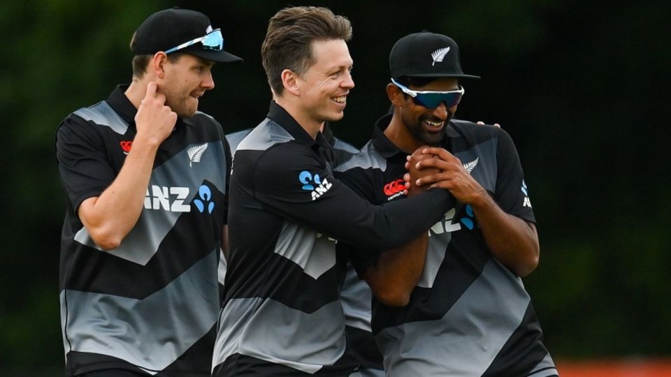 Michael Bracewell celebrates after Ish Sodhi took a catch to complete the hat-trick